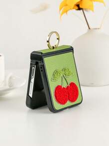 1pc Metal Ring Holder Phone Case With Hinge Protection, Full-Body Pu Leather Electroplated Embroidery Cute Cherry Design Compatible With Galaxy Z Flip3 5G, Galaxy Z Flip4 5G, Galaxy Z Flip5 5G, Galaxy Z Flip6 5G