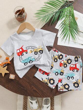 Set de 2 piezas para niño bebé: Camiseta de manga corta de cuello redondo gris con estampado de coche y pantalones cortos elásticos en la cintura con estampado, minimalista y lindo, apto para el hogar, uso diario, exterior, primavera/verano