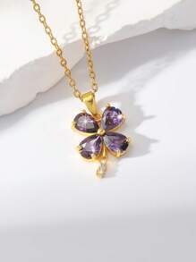 1pc Copper Cubic Zirconia Dopamine Lucky Clover Pendant Necklace, Fashionable Layering Collarbone Chain Jewelry For Women