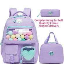 Zipper Backpack For Students Fashionable And Versatile Solid Color School Bag With Pencil Box And Lunch Case - School Bag Set - View 3