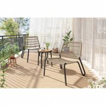 Bistroset 3-tlg. Balkonmöbel-Set aus verzinktem Stahl, handgeflochtenes Seil, Tischplatte aus Massivholz, Stühle mit einer Tragkraft von 160 kg, geeignet für Terrasse, Garten und Balkon, Beige