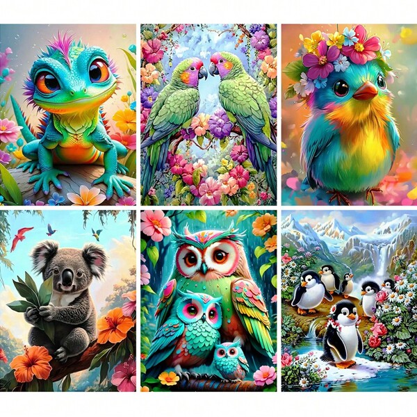 1 pieza Kits de pintura por números de lagarto, loro, koala, pingüino, búho, animales para decorar paredes de la sala de estar, incluye lienzo y pintura por números
