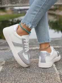 2025 Spring & Autumn New Casual Sporty Sneakers, Comfortable Lace-Up Flat Shoes For Women - Silver - View 4