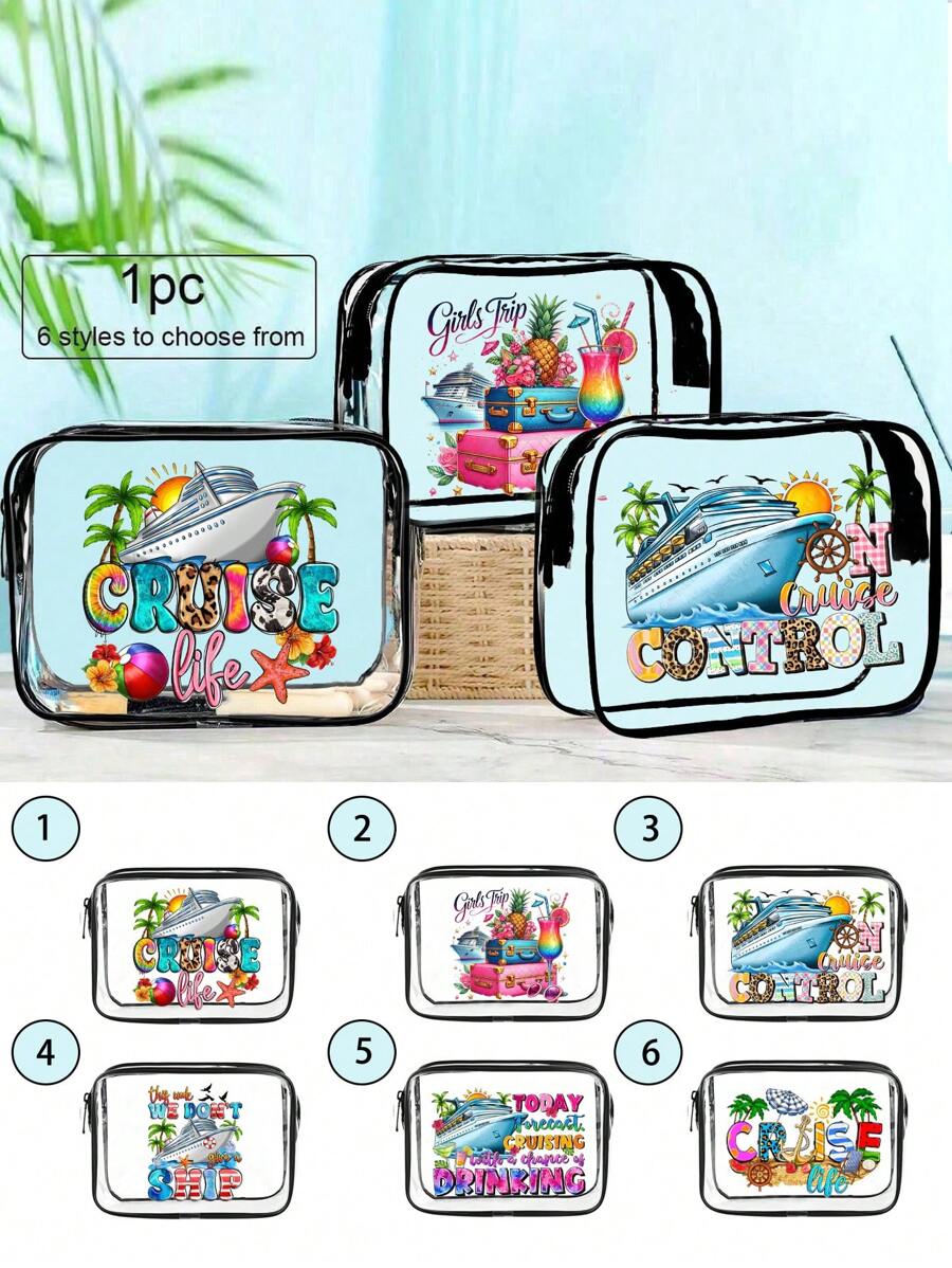 6 Styles Waterproof PVC Makeup Bag -With Cruise Shippattern,Perfect Summer Makeup Storage Bag For Travelers, Beach Lovers And Women | Pad Bag, Waterproof Makeup Bag, PVC Makeup Bag, Beach Theme Makeup Storage Bag, Summer Makeup Bag Travel Essentials Travel Accessories Travel Must Haves Holiday Essentials Holiday Travel Bag - Black - View 1