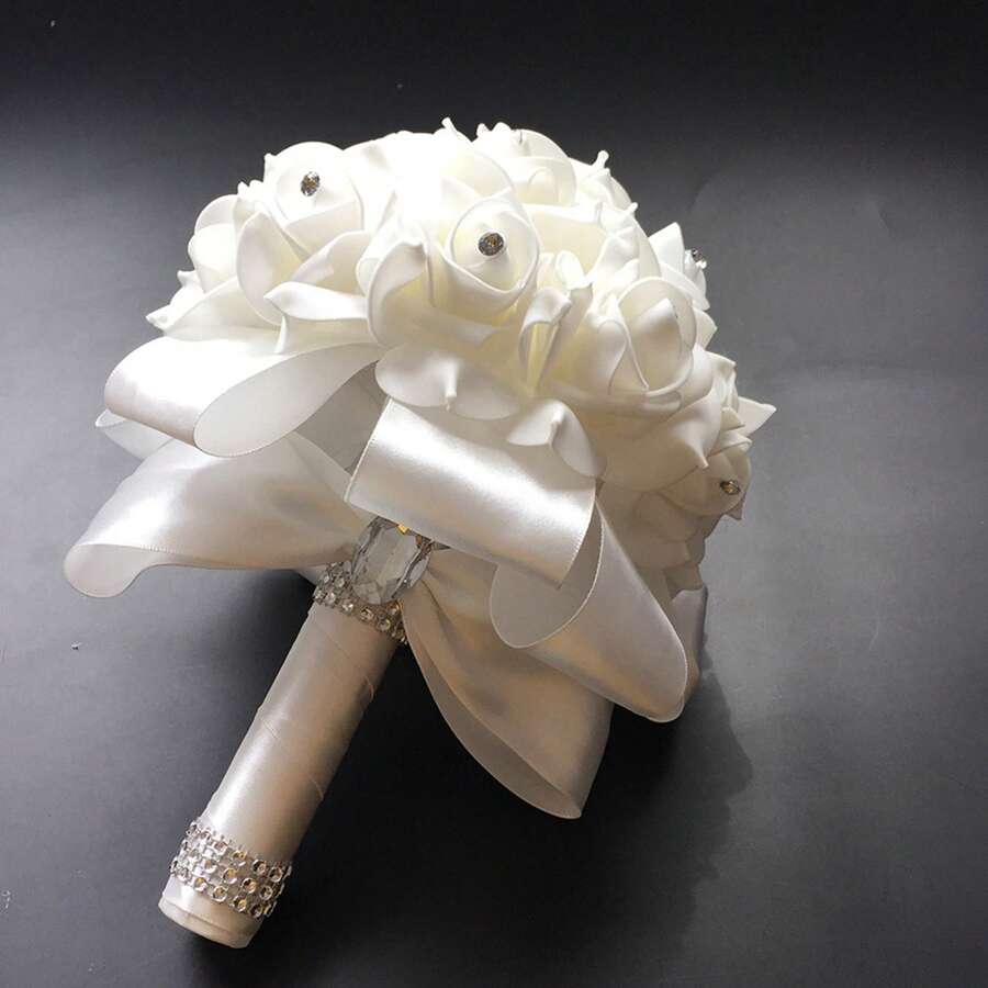 Ramo de novia artificial de flores para novia y damas de honor con cinta - Blanco - Ver 1