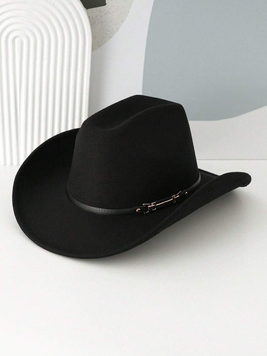 1 pieza Sombrero de vaquero de lana de unicolor unisex, sombrero de vaquera con decoración de hebilla con característica de moda, sombrero versátil y moderno, adecuado para fiestas con tema del oeste, fiesta de compromiso, ceremonia de graduación, baile de gala, festival, celebración de cumpleaños, festival de música