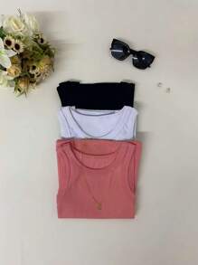 kit 3 blusas regata básica americana verão blogueira estilosa tendencia  dia  a dia - Preto/Branco/Goiaba - Visão 4