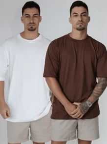 Kit 2 Men's Oversized T-Shirt Streetwear Plain Cotton Basic Collar - White/Brown - View 1