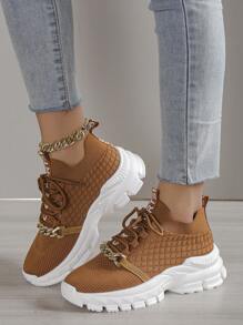 Fashionable Versatile Casual Breathable Sports Shoes With Chain Decor - Khaki - View 3