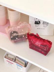 1Pc/Set Pink Ruffle Lace Heart Embroidery Mesh Multi-Functional Cosmetic Organizer Wallet Pouch Portable Cosmetics Brush Storage Clutch With Zipper Closure For Lipstick, Brush, Skincare, Mobile Phone, Coin, Small Items, For Home, Travel, Vacation And School Use