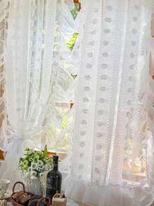 1pc/2pcs French Romantic Ruffled White Lace Pompom Curtain, Polka Dot Voile Sheer Window Curtain Panel For Living Room Divider, Kitchen, Bedroom, Balcony Privacy Protection