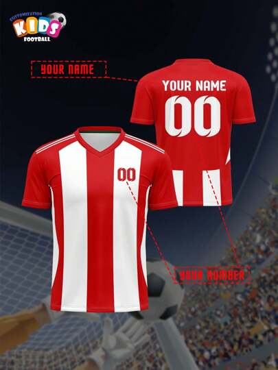 Camiseta de fútbol para niños con cuello en V, transpirable y de secado rápido, personalizable con nombre y número, cómoda, transpirable, ajustada, para deportes, casual, al aire libre, correr, combinación de rojo y blanco