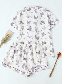 [Elegant Fields]2pcs Butterfly Print Collared Single-Breasted Short Sleeve Top With Pockets & Bowknot Shorts Pajama Set, Comfortable For Home Wear, Spring/Summer - White - View 2