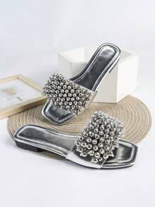 Sandalias de mujer hechas a mano con cuentas, cómodas para interiores y exteriores - Plateado - Ver 5