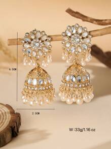 1 Paar luxuriöse Glocken Ohrringe, elegante Boho Kunstperle, Strass Blumen Dekor Schmuck, geeignet für täglichen Gebrauch und Partytragen, Hochzeitsaccessoires