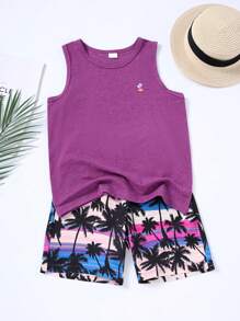 Set casual de 2 piezas: Camiseta de tirantes con estampado de árbol y pantalones cortos hawaianos de cintura elástica para niños