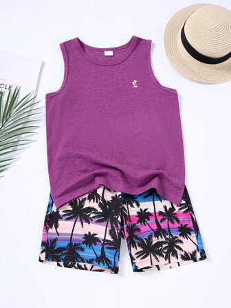 2pcs Casual Set: Boys' Tree Pattern Sleeveless T-Shirt And Elastic Waist Hawaiian Shorts
