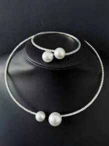 2 件奢华优雅水钻仿珍珠手链项链套装，简约百搭女士珠宝礼物 - 銀色 - 查看 2