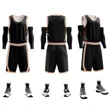 2pcs Personalized Tween Boys Training Basketball Jersey- Customized Team Name,Number And Photo Print Tank Top+Shorts Sports Set &Casual Wear Spring/Summer - Black - View 2