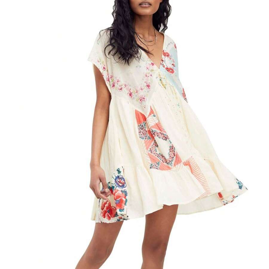 Women's Summer Short Beach Dress Cap Sleeve Deep V Neck Floral Short Vacation Dresses - Nhiều màu - Xem 1