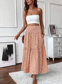 Stunning Floral Maxi Skirt - Flowy, Tiered, Elastic Shirred Waist, Pockets, Flared Hem, Woven - Perfect For Vacation, Spring, Summer, Fall, And Everyday Wear - 橘色 - 查看 6