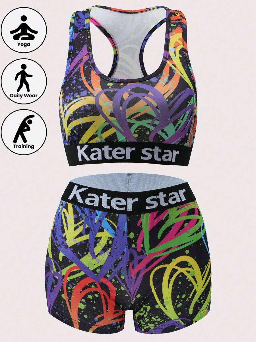[Graffiti Series]Women's Letter Print Sports Bra And Pantines Set Lingerie - Multicolor - View 1