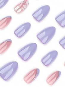 Set di 24 unghie finte corte a mandorla, unghie estive con fiori viola francese sfaccettati, finitura lucida, adatto per donne e ragazze da indossare in ogni occasione