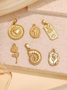 6 pièces Pendentifs de bijoux en forme de cœur, de rose, d'œil mauvais, d'étoile et de lune, en acier inoxydable de couleur dorée pour femmes, remplaçables avec ou sans anneaux de connexion - Or jaune - Voir 9