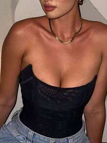 Yuwenier Femei Vintage fără bretele cu plasă semi-transparentă Overbust cu dantelă la spate Corset Bodyshaper Top tub pentru ieșiri sexy Festival de muzică