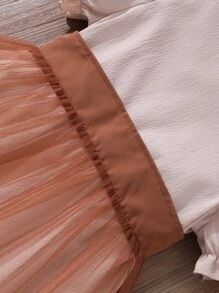 Tween Girl' Solid Color Short Sleeve Collared Waist Bow Mesh Patchwork Dress - Brown - View 9