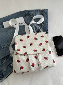 Fashionable Strawberry Print Luxury Feel Versatile Women Backpack - White - View 7