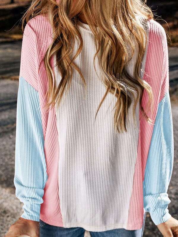 Acelitt Women's Casual Loose Raglan Long Sleeve Color Block Round Neck T-Shirt, Autumn