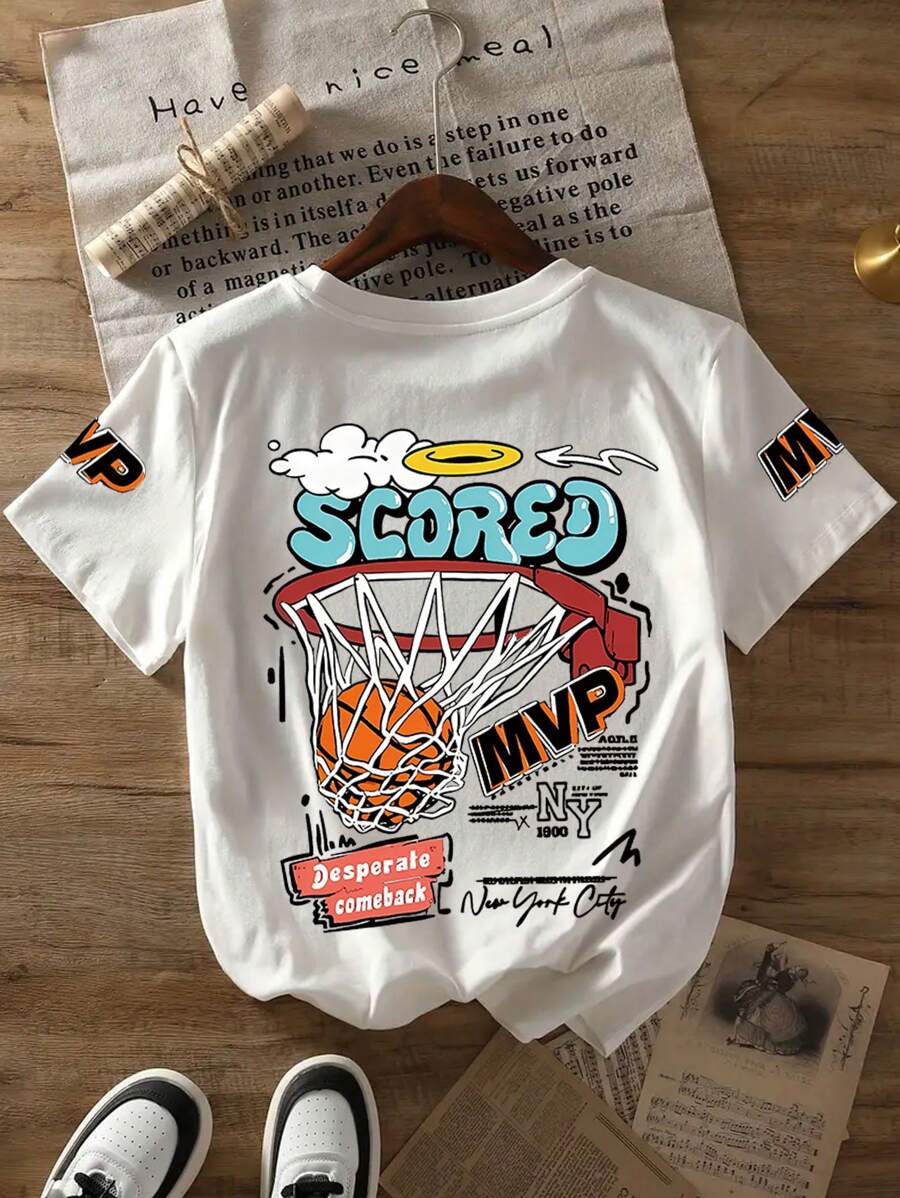 Tween Boy Shootabasket And Slogan Print Crew Neck T-Shirts Summer Boy's Casual Tee Soft Tops - White - View 1