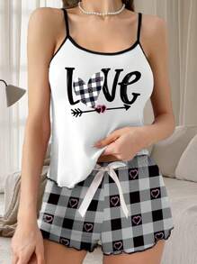 Set de lenjerie de dormit pentru femei, cupluri asortate cu litere ușoare de vară, vestă și pantaloni scurți cu inimă și săgeți, pijamale