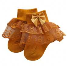 Baby Girls Ruffle Lace Socks, Super Soft Infant Ankle Socks Princess Dress Socks With Bow - Turmeric - View 2