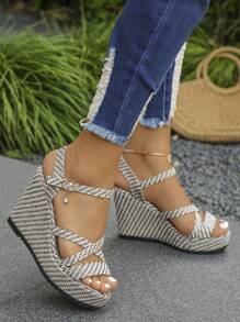 2026 New Women's Rivet Decor Sandals, Bohemian Style Fashion Wedge Heels, Summer Open Toe Slip-On High Heel Shoes, Suitable For Party, Date, Wedding And Many Occasions, - Light Grey - View 4