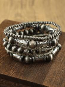 6pcs/Set Handmade Style Totem Carved Antique Silver Effect Bead Buttons Stackable Elastic Bracelets Set, Pattern Beads Multi-Piece Stretch Bracelet