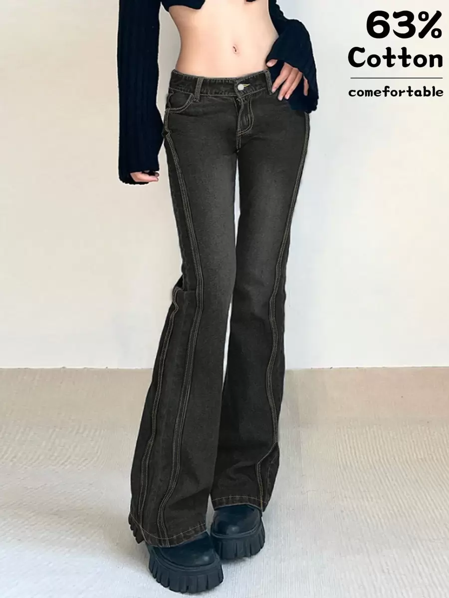 女式 Y2K 带口袋喇叭牛仔裤 - 深灰色 - 查看 1