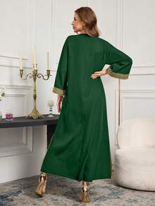 Ramadan Robe Dress, Patchwork Floral Print Trim Hem Slit Elegant Arabic Long Dress - Green - View 6