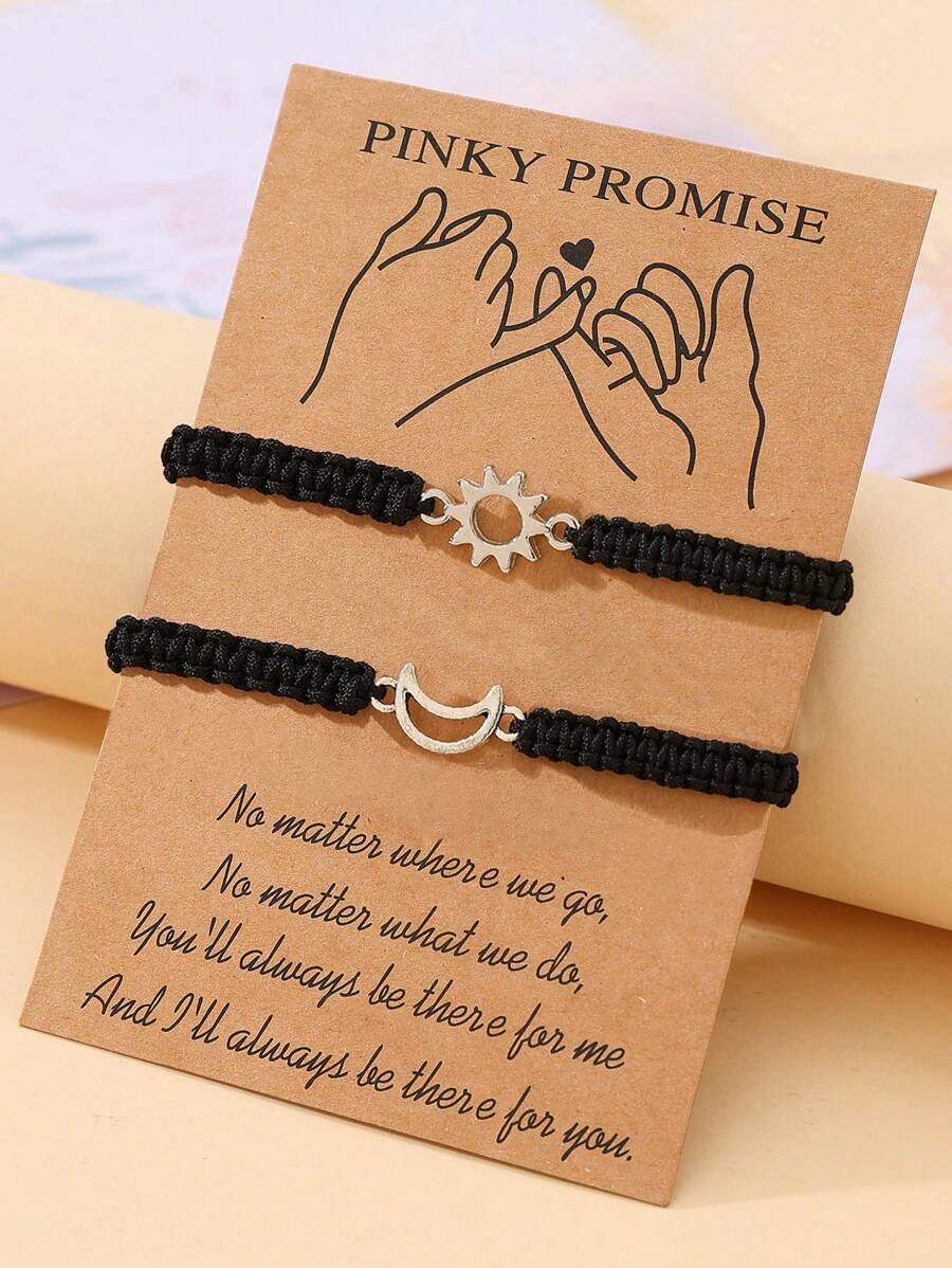 Goodwaro 2pcs Set Fashionable Handcrafted Metal Sun & Moon Woven Friendship Bracelets, Elegant & Versatile Design For Couples/Friends, Comes With Gift Card