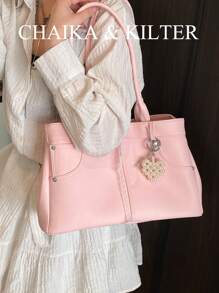 1 件女式纯色 PU 皮革手提包，大容量休闲时尚手提包，配有可拆卸可调节肩带，适合日常和外出（配有吊坠）