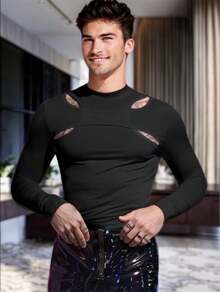 Men's Asymmetrical Four Hole Chest Long Sleeve T-Shirt - 黑色 - 查看 3