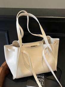 1 件女士纯色 PU 皮革手提包，大容量时尚单肩包适合通勤和日常装扮