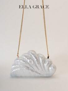 闪闪发光的云壳形亚克力晚宴包，白色和香槟金色 - 配金属链。非常适合婚礼派对、情人节、年终派对和庆祝宴会等正式场合。贴心的情人节、年终派对和庆祝宴会礼物。送礼的理想礼物 - 米色 - 查看 1