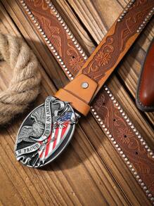 1 条男士波西米亚西部牛仔鹰扣复古深棕色 PU 皮带，适合所有季节 - 如圖 - 查看 9