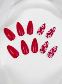Instantly Upgrade Your Look With,24 Pcs/Set Medium Long Almond Shape Spring And Summer Checkerboard Cherry Red Cute Sweet Glossy Nail Art Patches Full Coverage Fake Nails Art Patches Nail Art Supplies Wearable Nail Set For Office Women, Party, Date And Daily Wear And Party Use Press On Nails