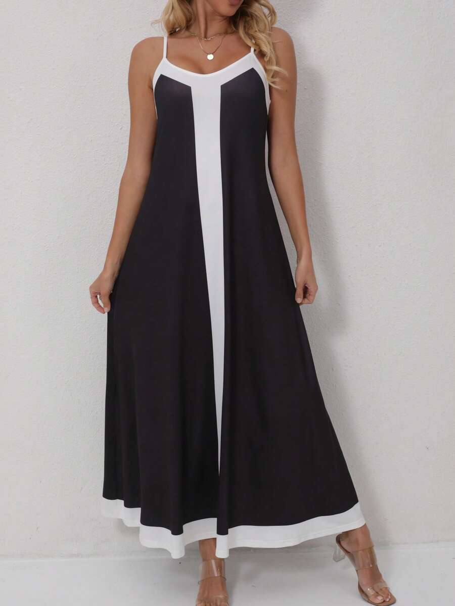 女士休闲优雅黑白撞色吊带针织长裙，夏季日常穿着舒适
