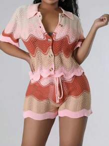 Colorblock Button Front Shirt & Drawstring Waist Shorts - Pink - View 1