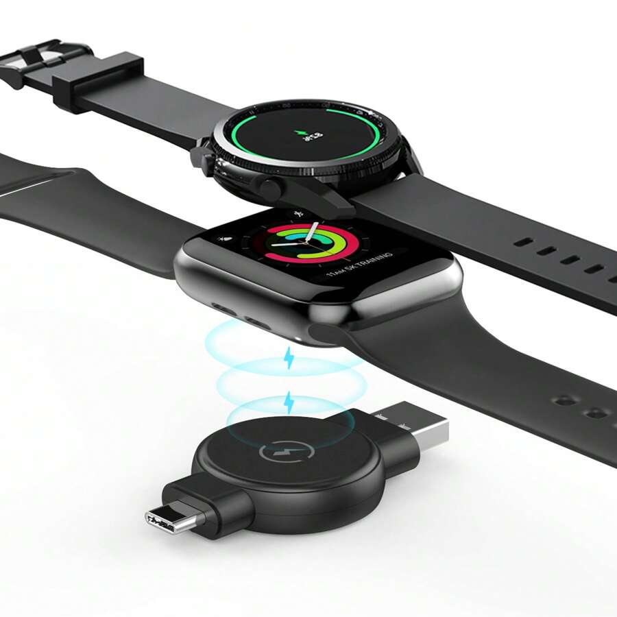 二合一便携式无线充电器 USB Type-C 兼容三星 Galaxy Watch 7/6/6 Classic/5/5 Pro/4/4 Classic/3/Active 2，兼容 Apple Watch 10/9/8/7/6/5/4/3/2/SE/Ultra2/Ultra 系列快速充电基座 - 白色 - 查看 1