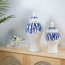 1pc Blue & White Decorative Ceramic Ginger Jar With Lid, Fireplace, Living Room, Study, Dining Table Centerpiece Decor, Modern Home Accent (2 Size Options)